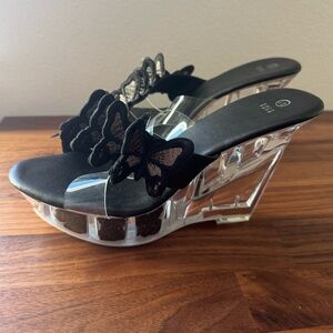 Clear Platform Black Butterfly Wedge Sandals - Size 8.5/9